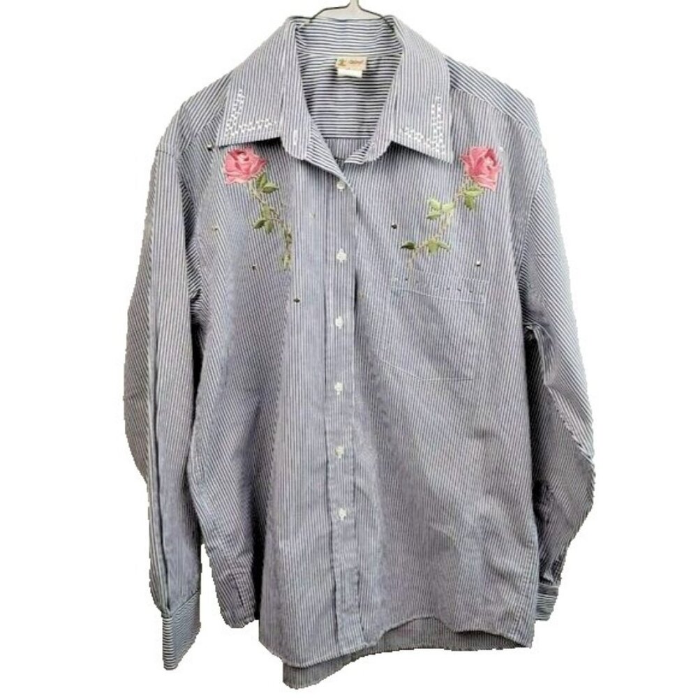 Vintage 90s Cactus Womens Shirt Large Blue Striped Embroidered Roses Embellished